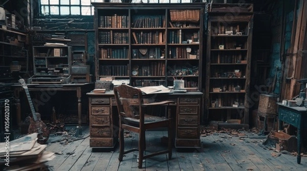 Obraz Vintage study room with wooden furniture and shelves of books
