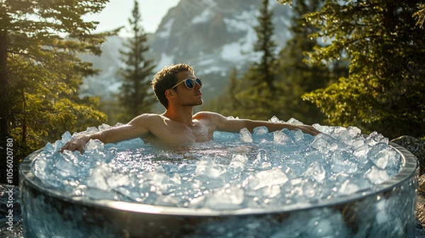 Fototapeta Man Relaxing in Ice Bath with Mountain View