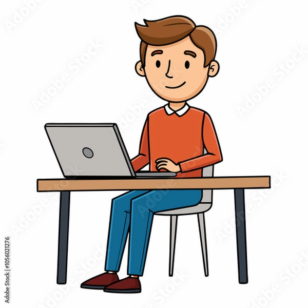 Fototapeta A man sits at a table with a laptop illustration with white background
