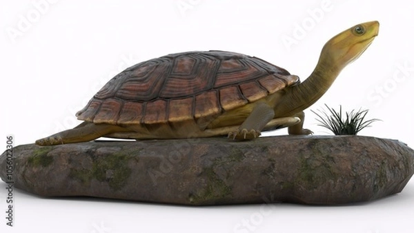 Fototapeta turtle climbing on a rock with white background