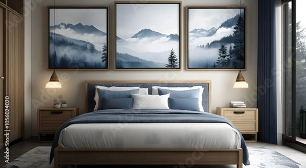 Fototapeta Modern farmhouse bedroom interior design. and three poster frames above the bed, each wooden frame featuring an abstract design of nature. Two Bedside Cabinet Ideas Against White Walls.