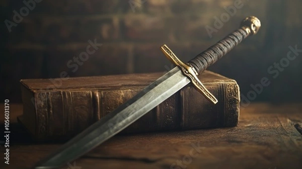 Fototapeta A bible and a sword. blurred background.