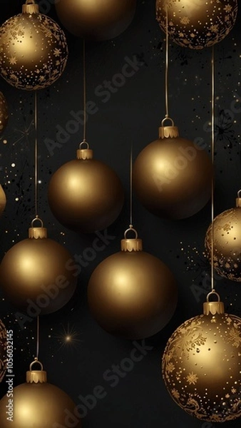 Fototapeta Black vertical background with gold Christmas balls and copy space. New Year, winter holidays. 