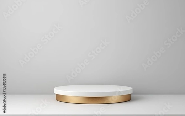 Fototapeta A minimalist display pedestal with a white top and gold base, set against a neutral wall, ideal for showcasing products or artworks.