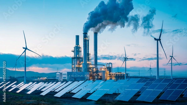 Fototapeta A cutting-edge facility for green hydrogen production, with towering structures emitting clean vapor and renewable energy sources like solar panels and wind turbines nearby.