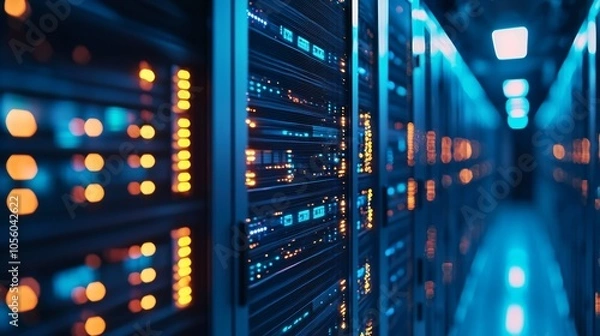 Fototapeta Modern server racks with glowing lights in a data center