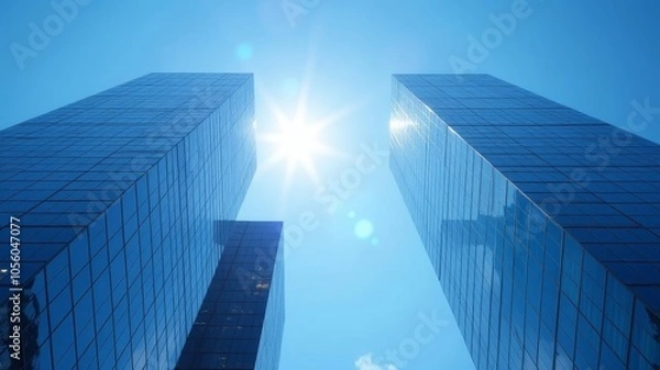 Fototapeta skyscrapers with reflective glass windows against a clear blue sky, sun shining in the background, representing urban architecture.