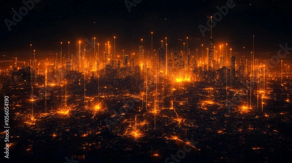 Fototapeta Cityscape with glowing digital data points and network overlay