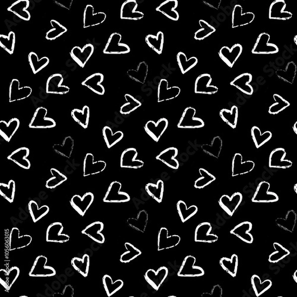 Obraz A seamless pattern of various hand-drawn white hearts tossed on a black background
