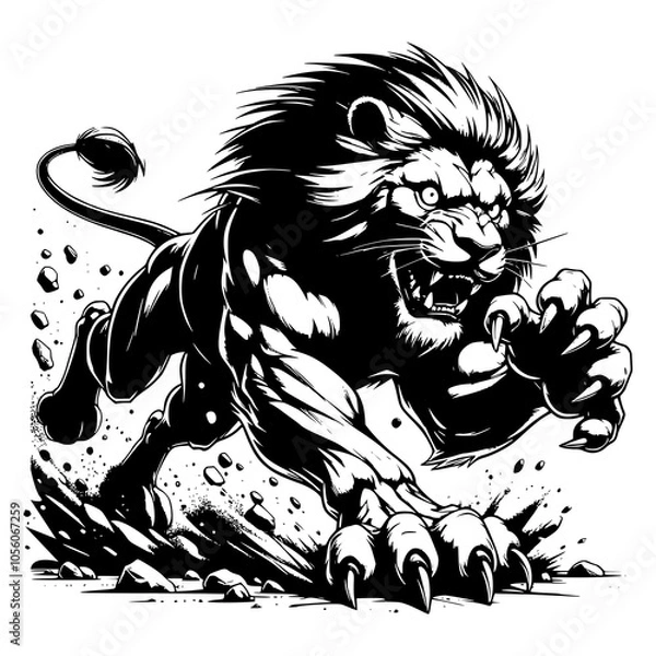 Fototapeta Lion in a powerful pouncing position. Raw power and agility.