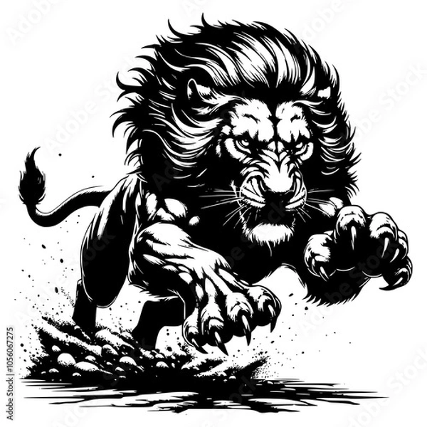 Fototapeta Lion in a powerful pouncing position. Raw power and agility.