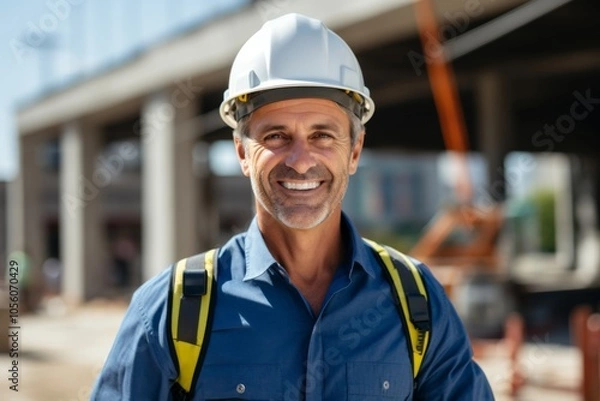 Fototapeta Smiling portrait of a middle aged Caucasian businessman on construction site