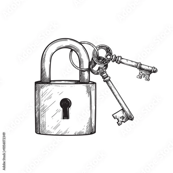 Fototapeta Hand drawn sketch style padlock and key set. Vintage retro etched illustration. Safety and security symbols. Vector illustration isolated on white.