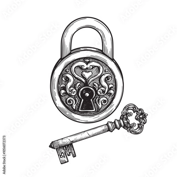 Fototapeta Hand drawn sketch style padlock and key with ornaments. Vintage retro etched illustration. Safety and security symbols. Vector illustration isolated on white.