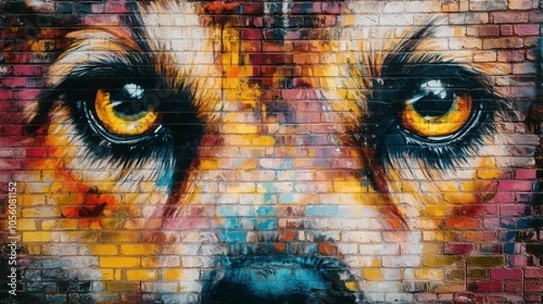 Obraz Close-up of a colorful wolf mural painted on a brick wall.