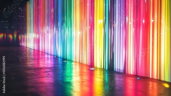 Fototapeta Colorful vertical light trails illuminating a reflective surface, modern abstract design, energetic and vibrant visual