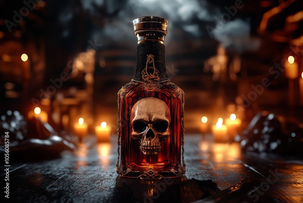 Fototapeta Bottle of rum with a pirate skull on an old wooden table, tavern background.