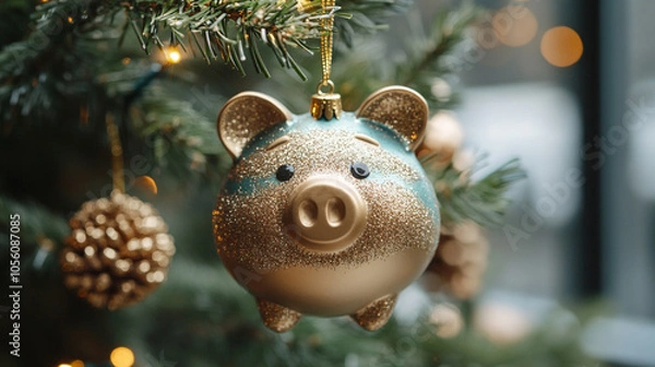 Fototapeta festive holiday image featuring a small piggy bank adorned with Christmas decorations, hanging on a Christmas tree branch, symbolizing financial goals, holiday savings, and prosperity