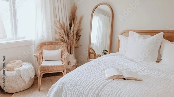 Fototapeta This inviting bedroom showcases light beige walls, a stylish boho bed adorned with soft blankets and pillows, and a warm wooden chair, creating a tranquil and cozy atmosphere