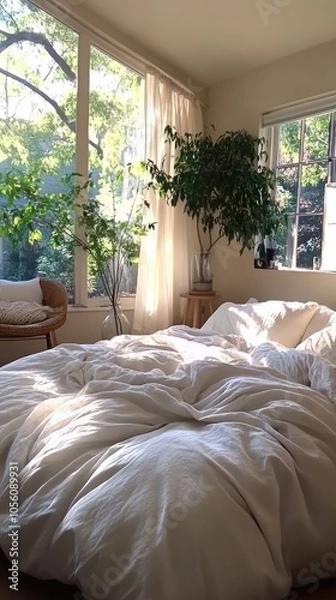 Fototapeta This inviting bedroom showcases light beige walls, a stylish boho bed adorned with soft blankets and pillows, and a warm wooden chair, creating a tranquil and cozy atmosphere