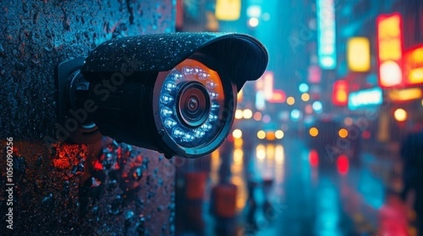 Fototapeta Urban Surveillance Camera with LED Lights Capturing Cityscape in Evening Atmosphere