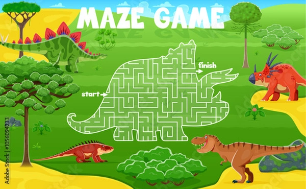 Fototapeta Kids labyrinth maze game, help to dino find his friend. Vector workout for children with cartoon funny styracosaurus, tyrannosaurus rex, stegosaurus and shansisuchus dinosaurs at prehistoric landscape