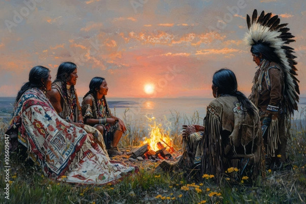 Obraz A Native American family sitting around a campfire, sharing stories as the sun sets, with traditional blankets and symbols present, emphasizing the connection between family, tradition, and nature,