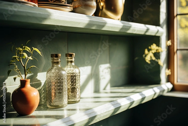 Obraz Branch in vase with glass bottles on a wooden shelf