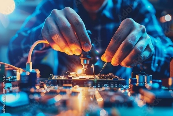 Fototapeta Skilled Hands Precision Soldering Components on Circuit Board, Electronics Repair Close Up