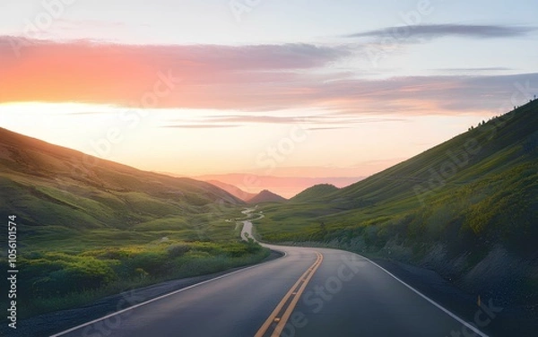 Fototapeta The Path to Success A guide or roadmap outlining the steps and strategies necessary to achieve business success highway, sunset nature driving road way speed field with mountain rural route car view