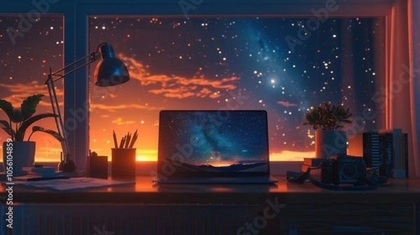 Fototapeta  a laptop on the table, and a beautiful sunset outside the window