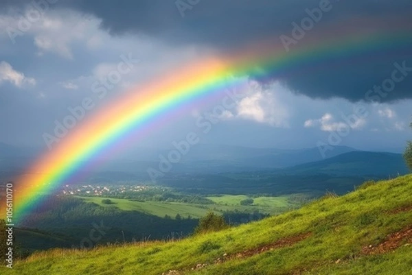 Fototapeta A vivid rainbow arises from ominous storm clouds above a serene natural landscape