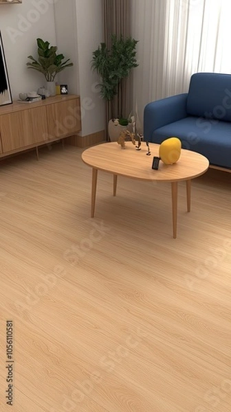 Fototapeta This modern living room showcases a spacious layout with a blue sofa and wooden table, complemented by elegant Japanese-style decor and warm wooden flooring