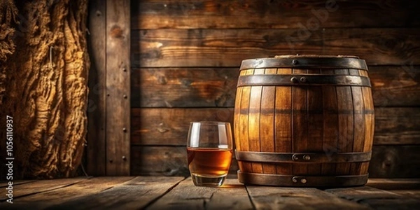 Fototapeta Wooden barrel with oak wood grain and worn finish, partially filled with whiskey liquid in a rustic cellar setting, rustic, wooden barrel, cellar