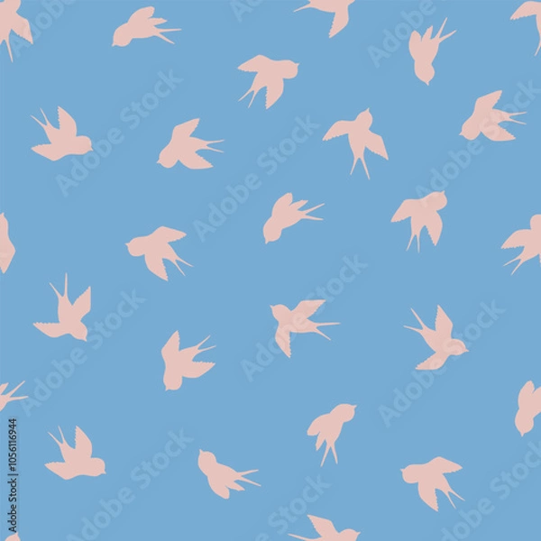 Fototapeta Seamless pattern with swallow silhouette on color background. Cute bird in flight. Vector illustration. Doodle style. Design for invitation, poster, card, fabric, textile