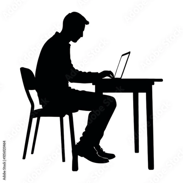 Obraz a man browsing laptop sitting on the chair in front of table, vector silhouette