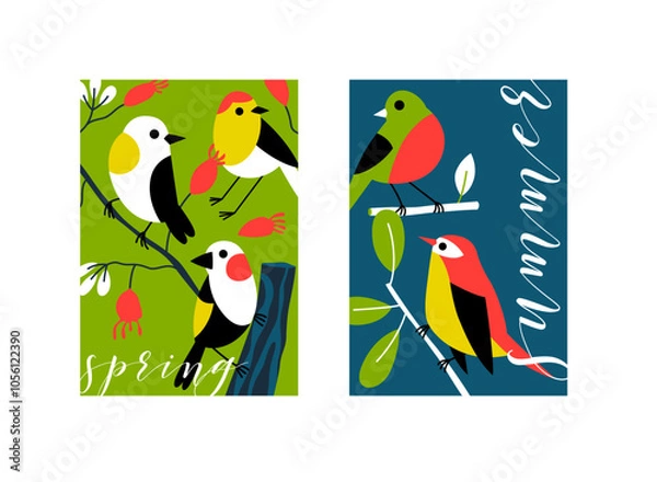 Obraz Bird cards. Postcard template. Vector illustration with typography