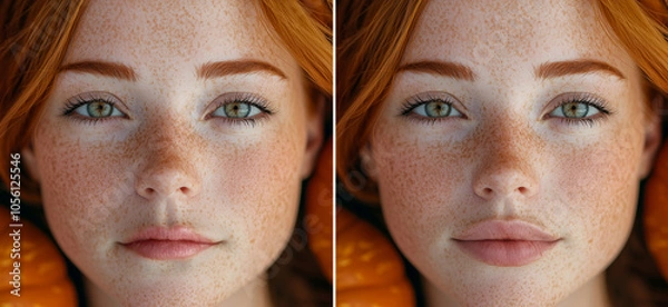 Fototapeta Cropped shot of young redhead woman's face with lips before and after lip enhancement. Injection of filler in lips. Fall theme.