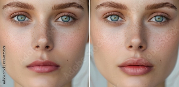 Fototapeta Before and after lip filler injections. Lip augmentation close-up. Plastic surgery.	
