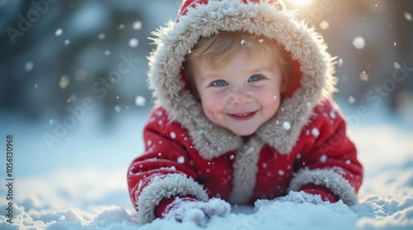 Fototapeta Joyful Winter Fun: Kid Playing in Snow - Adorable Children Enjoying Snowy Adventure in Cozy Winter Clothes