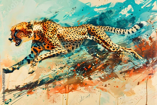 Obraz A cheetah runs through an abstract watercolor landscape.