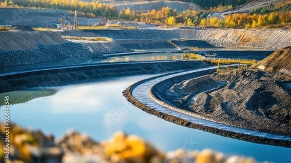 Fototapeta Aerial View of a Coal Mine with a Winding Water Channel