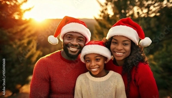 Fototapeta Black family wearing Santa hats, with bearded husband , long-haired wife and son, with a nature background in depth of field