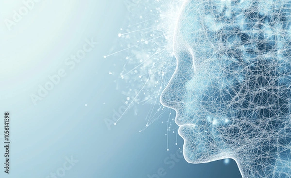 Obraz Digital Head with Neural Connections in Blue: Abstract digital rendering of a human head profile made of glowing connections, representing artificial intelligence, neural networks, and futuristic tech