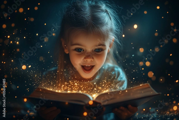 Fototapeta Little girl reading a book with glowing sparkles around.