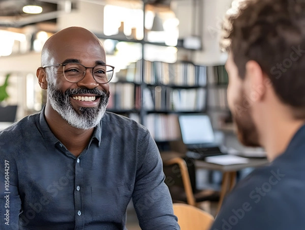 Obraz A smiling Black man with a beard and glasses is having a conversation with a coworker.
