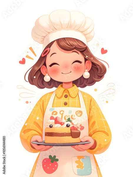 Fototapeta A smiling female chef with a chef hat, holding a plate of cake with strawberries and blueberries.