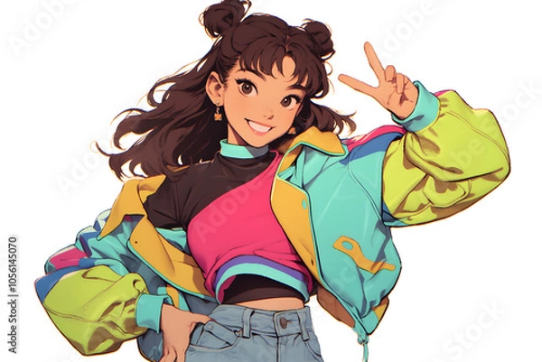Obraz A smiling young woman with brown hair in space buns, wearing a colorful jacket, poses with a peace sign.