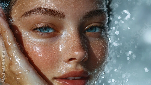 Obraz A close-up of a woman's face with water droplets on her skin, creating a refreshing and ethereal look