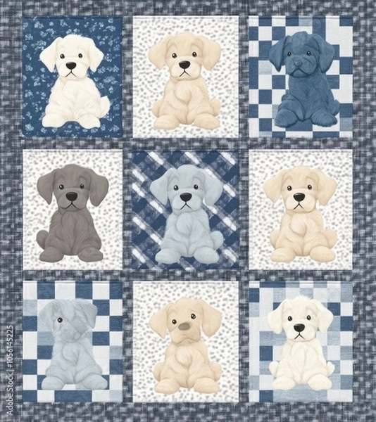 Fototapeta patchwork design with checkered patterns in grey, blue, and white, 